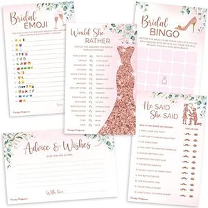 PRESTIGE Bridal Shower Games (32 Guests) | 5 Wedding Games, Rose Gold Decorations Greenery Theme, Would She Rather, He Said Bingo, Rustic Advice Cards, Emoji Favors Prizes Decor (32 Set)