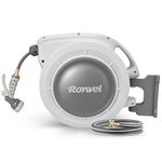 Roywel Retractable Garden Hose Reel 1/2 in x 100ft,Retractable Hose Reel Wall Mount,with 9- Function Sprayer Nozzle,Self-Rewind,Slow Retraction,Self-Locking,Wall Mounted,180° Pivot Bracket 100G