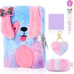 Plush Rainbow Dog Notebook Set, Fluffy Journal Notebook for Girls Embroidery Private Diary Notepad with Lock Multicolored Pen Lovely Pencil Case Key Rings Bracelets for Writing Drawing (Dog, Heart)