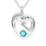 Horse Gifts for Girls, Sterling Silver Love Heart Horse Necklace with Birthstone Crystals, Birthday Jewellery Gifts for Girls Women Horse Lovers (Simulated Blue Zircon)