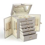 KAMIER Jewelry Box for Women, 6-Layer Large Jewelry Organizer Box with Mirror & 5 Drawers for Rings, Earrings, Necklaces, Bracelets,Gray