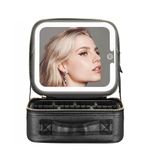 Makeup Bag with LED Mirror, 3 Colors Modes Portable Cosmetics Organizer with Adjustable Dividers Compartment, USB Rechargeable Light Up Vanity Case&Makeup Storage for Travel Women and Men