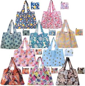 10 Pack Reusable Grocery Bags, Large 50LBS Foldable Reusable Grocery Nylon Shopping Tote Bags, Machine Washable Waterproof (Wide size)