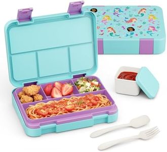 Sxueg Bento Lunch Box for Kids, 4 Compartments Kids Leak Proof Bento Lunch Boxes Food Containers for School, Travel, On-the-Go Meal, Food Grade, Microwave, Dishwasher Safe, Mint Green Patterned