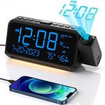 Projection Alarm Clock, Digital Clock with Night Light on Ceiling Wall, 350°Rotatable Projector, 5-Level Dimmer, Type-C USB Charger, Temperature & Date Display, 12/24H, Dual Alarm Clock for Bedroom