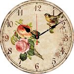 BERYART 14 Inch Silent Non-Ticking Wall Clock, Big Arabic Numerals Wall Clocks, Wooden Round Clock, Battery Operated Home Decor Hanging Clocks, Bird on Flower Pattern Clock