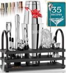 BARE BARREL® Pro Cocktail Kit | Mixology Bartender Kit | 14-Piece Boston Cocktail Shaker Set | Home Bartending Tool Kit Bar Accessories | Stand & 35 Recipe Cards | Gift Set (Silver Black)