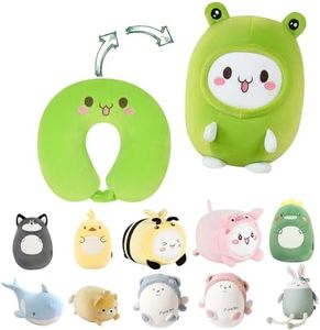 stocaggio Kids Travel Pillow - 2-in-1 Deformable Kids Neck Pillow for Traveling, Soft U-Shaped Pillow with Adorable Animal Design, Comfy Sleep and Play, Ideal for Airplanes and Cars - Green Frog