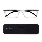 ThinOptics Connect Ultra-Thin Reading Glasses 1.50 Clear Frames - Magnetic Case Attaches to Phone - +1.5 Strength Rectangular Readers - Unisex for Men & Woman