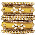 Aheli Silk Thread Kundan Studded Chura Chuda Bangle Set Gift for Women 2.6 inch, Yellow