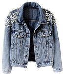 Kedera Women's Embroidered Rivet Pearl Short Denim Jacket Coat, Blue, Small