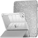 INFILAND Compatible with iPad 10th Generation Case, iPad Case 10th Generation 10.9 Inch, Glitter Leather Cover with Sparkly Crystal Clear Back, Pencil Holder, Anti-Yellowing, Silver