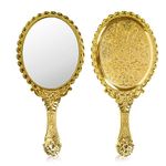 YUSONG Handheld Mirror with Handle, Makeup Compact Hand Mirrors for Women Travel Small Vintage Purse Mirrors, Hand Held Compact Packet Mini Face Makeup for Girls Decorative (Gold) 2PCS