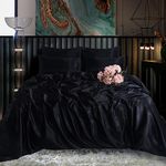 ROOEE Satin Silk Complete Bedding Set - 6 PCS - Fitted sheet, Duvet Cover, 4 Pillow Cases. Color - Black Size - Double