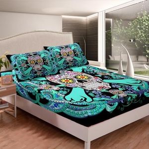 Sugar Skull Bedding Sets Queen,Bohemian Paisley Fitted Sheet Gothic Bone Bed Sheets Exotic Boho Floral Colorful Bedding Decor Set Tribal Nordic Skeleton Halloween Decor,Teal