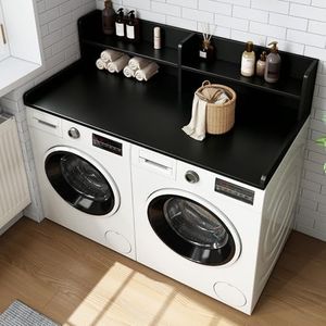 Styecofur 2-Tier Washer Dryer Countertop, 54" x 27.5" Black Laundry Machine Topper with Storage Shelves, Over Washer Dryer Top for Laundry Room Organization & Clothes Folding