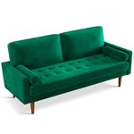 Vesgantti Green Velvet Sofa, Mid Century Modern 3 Seater Couches w/Square Armrest, Button Tufted Seat Cushion, 2 Pillows, Comfy Small Sofas for Living Room, Bedroom, Apartment, Home Office