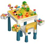 Kids 5-in-1 Multi Activity Table Set - Building Block Table with Storage - Play Table Includes 1 Chair and 130 Pieces Compatible Large Bricks Building Blocks for Ages 2 and Up