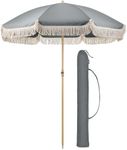 CHRISTOW Portable Garden Parasol with Tilt, 2m Cotton Tassel Beach Umbrella, Outdoor Patio Sunshade, Tilting Canopy, Steel Pole with Wood Effect, UV50+ Sun Protection, Water Resistant, Bag (Grey)