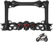 FTON Heavy-Duty Skull Motorcycle License Plate Frame, Zinc Alloy Chrome, Red Reflective Eyes, Fits 7"x4" Standard Plates, Compatible with Harley,Cruiser, Dual-Sport, Sport, Street Motorcycles(Black)