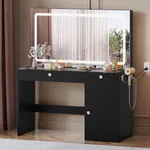 DWVO Vanity Desk with Large LED Mirror, Power Outlet, 47" Makeup Vanity Table with Mirror with 3 Lighting Modes, 4 Drawers, for Bedroom, Dark Black