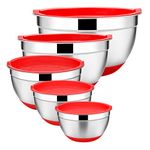 Stainless Steel Mixing Bowls Set of 5, Size 8/5/3/2.5/1.5 QT, E-far Metal Nesting Bowls with Red Airtight Lids, Non-Slip Bottoms & Measurement Marks, Great for Cooking, Baking, Serving, Food Prep