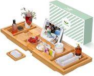 Bathtub Caddy Tray for Tub,Foldable Bamboo Bath Table Tray with Book and Wine Glass Holder, Expandable Bathroom Accessories with Free Soap Dish Suitable for Luxury Spa or Reading