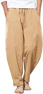 COOFANDY Men Elastic Waist Cotton Pant Lightweight Wide Leg Linen Leisure Pants Light Tan XXL