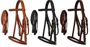 Horse Pony Cob Mini Leather English Bridle with Raised Browband, Braided Leather Reins, and Adjustable Caveson. (Light Oil, Pony)