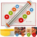 Silicone Rolling Pin Set with Adjustable Thickness Rings, Large Silicone Baking Pastry Mat & Stainless Steel Dough Roller with Rings & Bench Scraper - For Pizza, Cookies, Pie, Pasta, Pastries