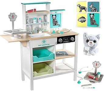 Vet Center Pretend Pet Hospital Playset- Wooden Animal Interactive Medical Checkup Set with Toy Cat, X-Ray Cards, Stethoscope & Veterinarian Medical Accessories, Fun Doctor Role Play Game, Kids Gift