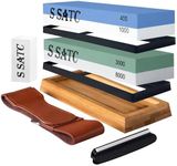 SATC Sharpening Stones for Kitchen Knives 400 1000 3000 8000 Grit Whetstone Sharpeners Wet Stone Knife Sharpener Stone with Non-Slip Wood Base, Flattening Stone, Angle Guide and Leather Strop