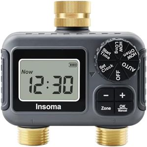 Insoma 2 Zone Tap Timer, Programmable Water Timer for Garden, Watering Timers w/Rain Delay & Auto/Manual Modes, Dual Outlet Sprinkler Controller for Flower Irrigation, Lawn Care, IPX5 Waterproof