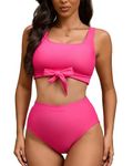 Shuangyu Women's High Waisted Bikini Sets Scoop Neck Swimsuit Two Pieces Bathing Suit Pool Beach Set Rose Red M