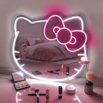 BDUN Anime Hello Kit Mirror - Cat Neon Sign Vanity Mirror with Lights - 41x34cm Led Wall Mirror with Dimmable for Girls Room Decor, Hello Kit Stuff Makeup Mirror with Lights for Teen Girl Gif