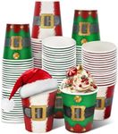 Whaline 50Pcs Christmas Disposable Cups 9oz Red Green Santa Elf Belt Paper Cups Xmas Party Cups Drinkware Supplies for Hot Cold Drinks, 2 Designs