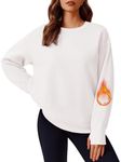 PINSPARK Crew Neck Sweatshirts Women Loose Fit Preppy Pullover Top with Thumbholes Teen Girl Preppy Clothes, White L