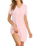 SWOMOG Women's Button Down Nightgown Short Sleeve Nightshirt V-Neck Sleepwear Boyfriend Sleepshirt Pajama Dress Pink