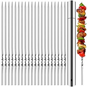 Stainless Steel Kabob Skewers, Heavy Duty Grilling Skewers, 12" Long Barbecue Skewers, Resuable BBQ Sticks for Shish Meat Shrimp Chicken (Set of 20 pcs Skewers +1 Tube Storage) (Flat Skewers)