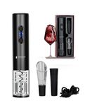 NEWLAND DRINKWARE- Rechargeable Electric Wine Bottle Opener With Lockable Foil Cutter, Vacuum Wine Stopper, and Wine Aerator Pourer Gift Box Set (Black)