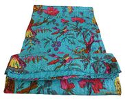 Handicrunch Bird Print King Size Kantha Quilt Sky Blue , Kantha Blanket, Bed Cover, King Kantha bedspread, Bohemian Bedding Kantha Size 90 Inch x 108 Inch