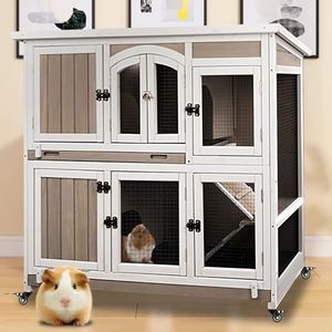 Gowoodhut 47" L Indoor Wooden Guinea Pig Cage, 2-Story Large Hamster Cage, Outdoor Bunny Cage on Metal Wheels with 2 Deep Pull-Out Trays, Ramps, Hideout, Pet House for Small to Medium Animals, Grey