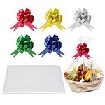 5 Pcs Large Cellophane Wrap for Hampers,5pcs Pull Bows for Hampers, Celefane Gift Wrap for Hampers Bags XL Cellophane Bags for Hampers Hamper Plastic Wrap Hamper Baskets for Gifts Kit