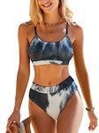 CUPSHE Women's Bikini Set Two Piece Swimsuit High Waisted Scoop Neck Knit Black Tie Dye Swimwear M