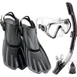 CAPAS Snorkel Mask Fins Set, Travel Size Snorkeling Gear for Adults with Short Adjustable Swim Fins, High Resistant Scuba Diving Mask and Dry Top Snorkel, Come with a Carrying Bag (Grey-Black, L-XL)