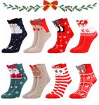 QUMENEY 8 Pairs Christmas Womens Socks Winter Warm Slipper Socks Holiday Xmas Socks Set Cotton Cute Christmas Gift for Women Girls Santa Snowflakes Reindeer Snowman Pattern