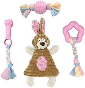 Volacopets Puppy Toys for Teething Small Dogs Interactive Tiny Dog pet Chew Toy Soft Rubber Puppies Cute Pink Bunny, Small Breed 4-Pack