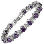 [RIZILIA BLOSSOM] Round Simulated Purple Amethyst and White Cubic Zirconia 18K White Gold Plated Tennis Bracelet, 7"