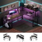 Flamaker L Shaped Gaming Desk with LED Lights & Power Strips, 120x140cm Reversible Corner Computer Desk with Storage Shelf and Hutch, Home Office Desk, Black