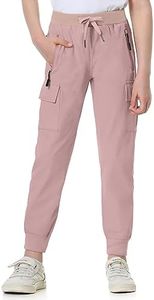 EXARUS Girls Cargo Pants Joggers Slim Fit with Zip Pockets Kids Quick Dry Lightweight Drawstring High Waisted 8-14Y, Pink, 12 Years